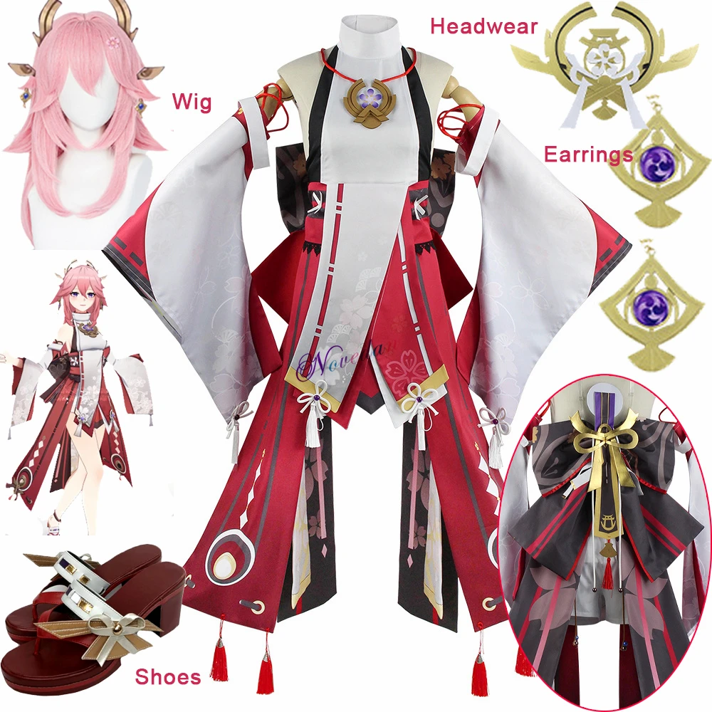 Yae Miko Cosplay Costume Guuji Yae Fancy Dress Full Set Uniform Outfit Wig Headwear Shoes Props Game Suit