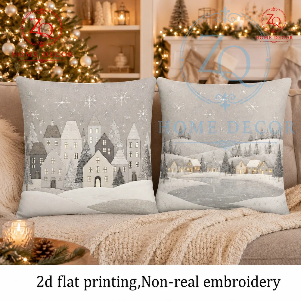 Vintage Neutral Winter Village Throw Pillow Cover Rustic Snowy Town  Frozen Lake Holiday Cushion Case  Christmas  Couch Decor