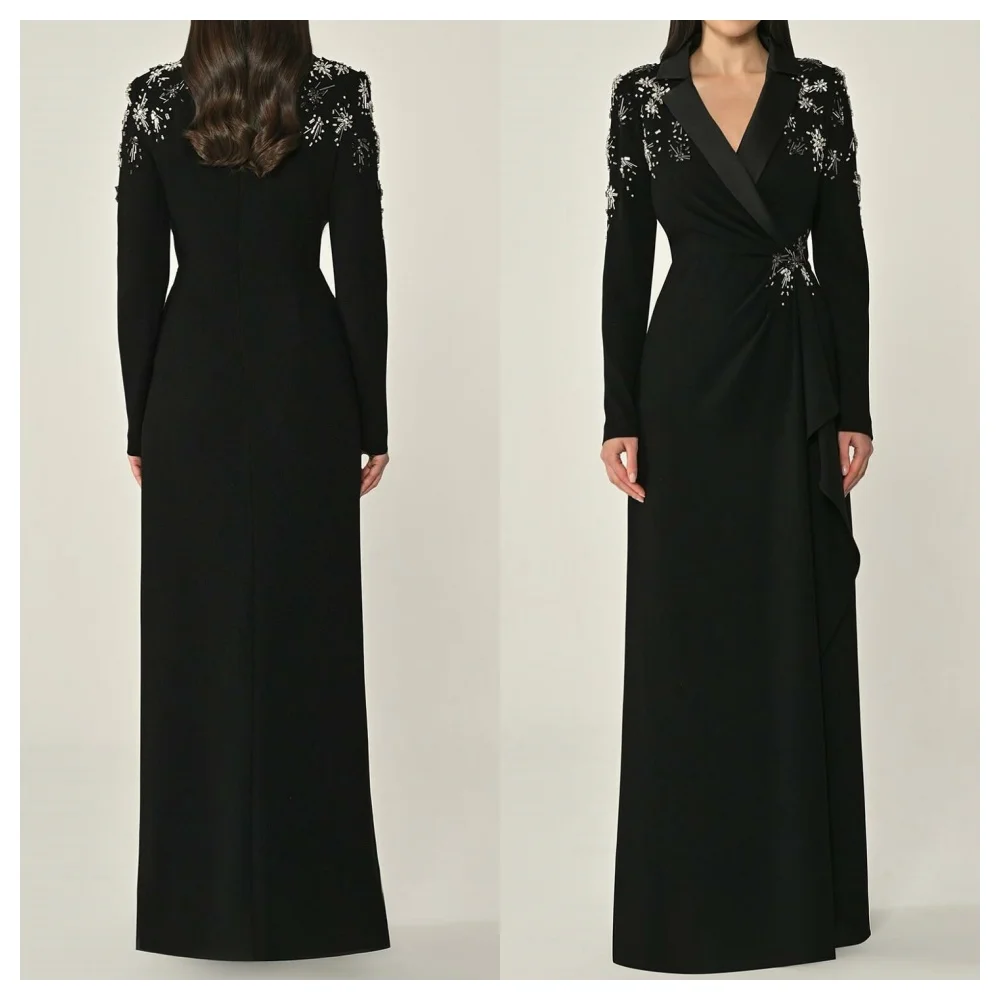 

Customized Simple Black Jersey Evening Dress Classic V-Neck Long Sleeves Party Dress High Quality Floor Length Party Dress