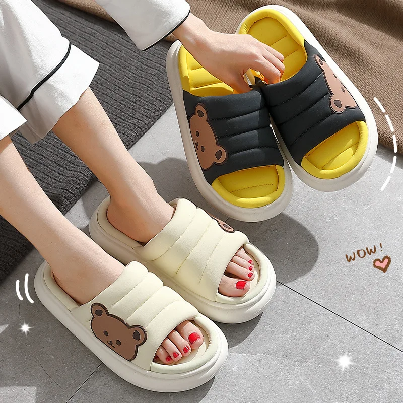 Home Summer Women Men Slippers Breathable Linen Thick Sole Sandals Cartoon Indoor Flip Flops Anti-Slip Couple Slides Cute Shoes