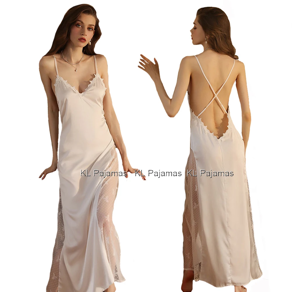 Womens Satin Nightgown Sexy Lingerie Sleepwear Spaghetti Strap V Neck Backless Long Slip Satin Silk Ankle Length Lace Nightdress