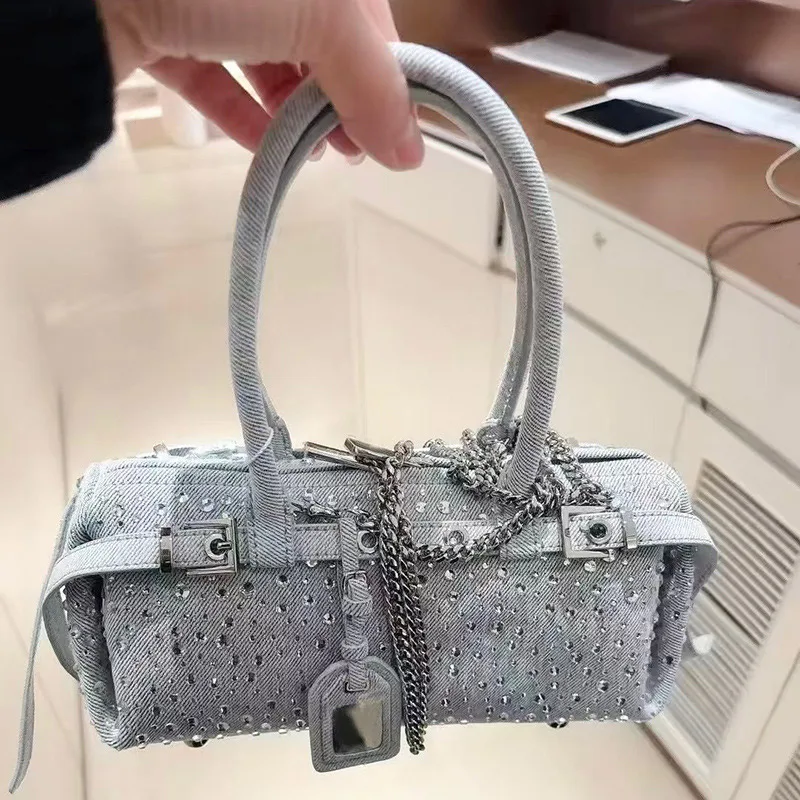 

2025 Spring New Denim Diamond Handbag Niche Design Women's Boston Shoulder Bag Blue Denim Chain Crossbody Bag Ladies Pillow Bag