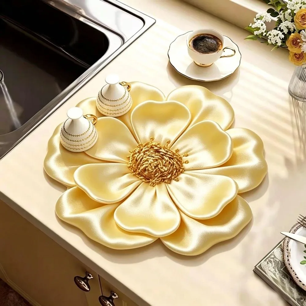 3D Flower Design Kitchen Drying Mat Water Absorbent Satin Like Surface Diatom Mud Mat Quick Dry Non Slip Flower Countertop Mat