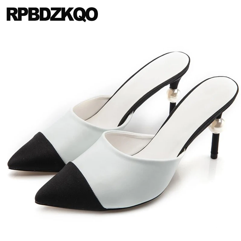 

Pearl Mules High Heel Pumps Designer Sandals Women Luxury 2021 Shoe Runway Slides Stiletto Embellished Black And White Patchwork