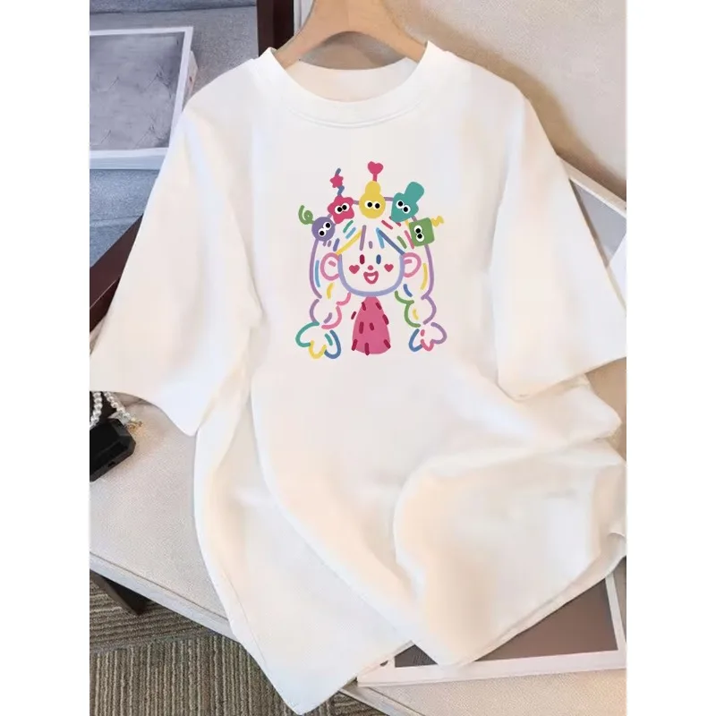 Niedliches T-Shirt im Doodle-Stil mit buntem lockigem Haar-Mädchen-Print, lässiges Cartoon-Mädchen-T-Shirt, trendiges Y2K-Kurzarm-Oberteil für den Alltag