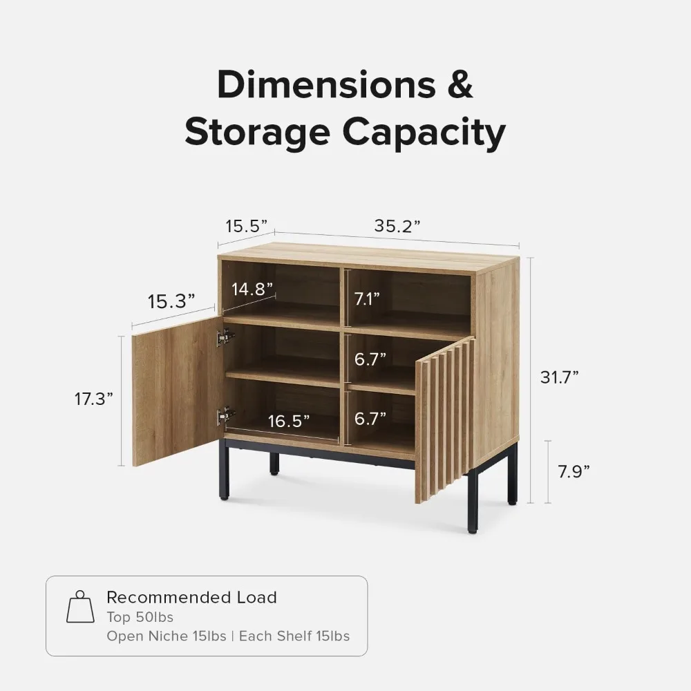 Storage Cabinet, Modern Rustic Industrial Buffet Sideboard Fluted Panel Doors, Adjustable Shelves Sturdy Metal Legs with Leveler