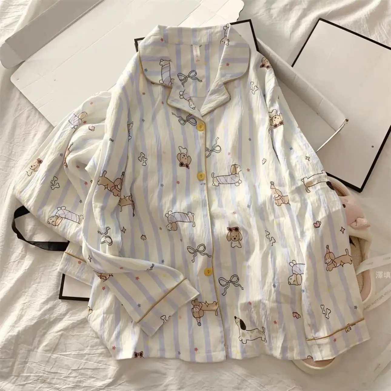 Women's Thin Pajama Set Long Sleeve Printed Embroidered Loose Fit Sweet Style Home Clothing Pants