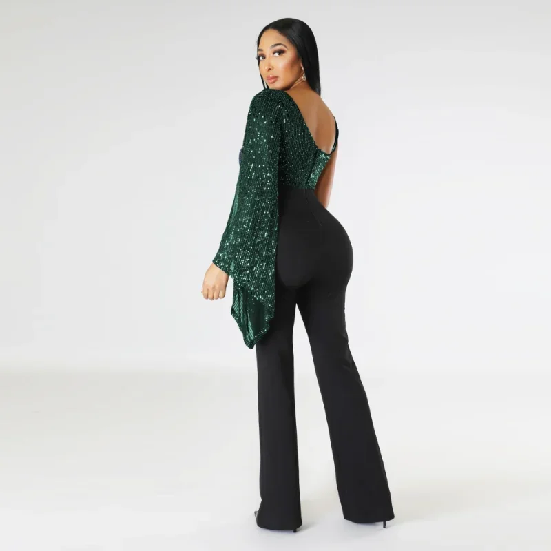 KEXU Vintage Women Sequined Patchwork One Long Sleeve Deep V-neck Fashion Jumpsuit  Summer Playsuit One Piece Suit Romper