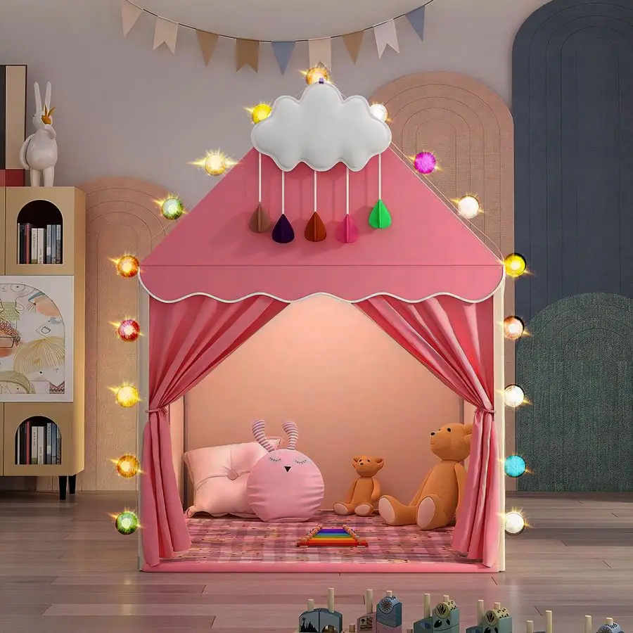 Kinderspeeltent met mat, wolken- en balverlichting Groot speelhuisje voor kinderen en meisjes Prinsessenkasteeltent voor bed Binnenversterker Ou