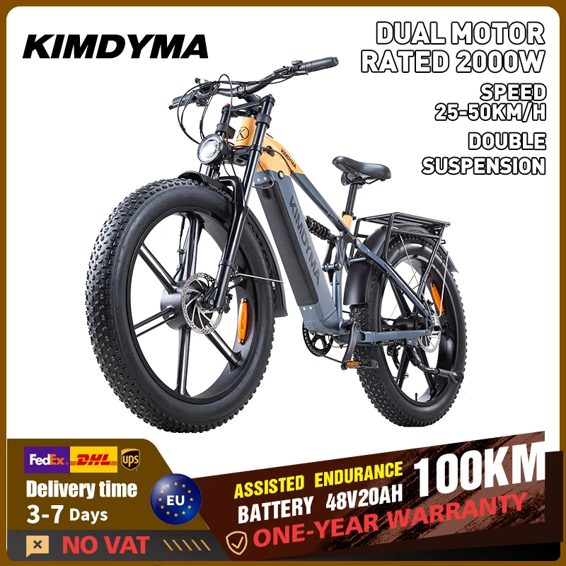 Vélo électrique pour adultes KIMDYMA K03, batterie 48V20AH 960WH, avec deux moteurs de 2000W, pneus larges de 27,5 pouces, vélo électrique de montagne