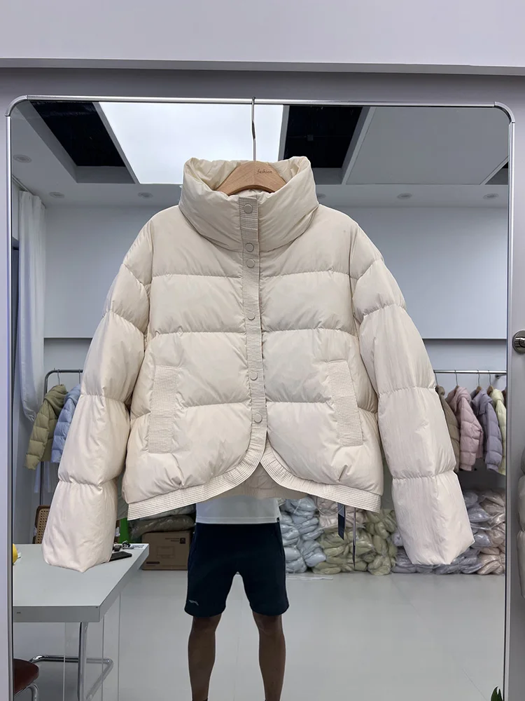 

Standing collar down jacket women 2025 new Korean version fashion single breasted loose short style white duck down jacket