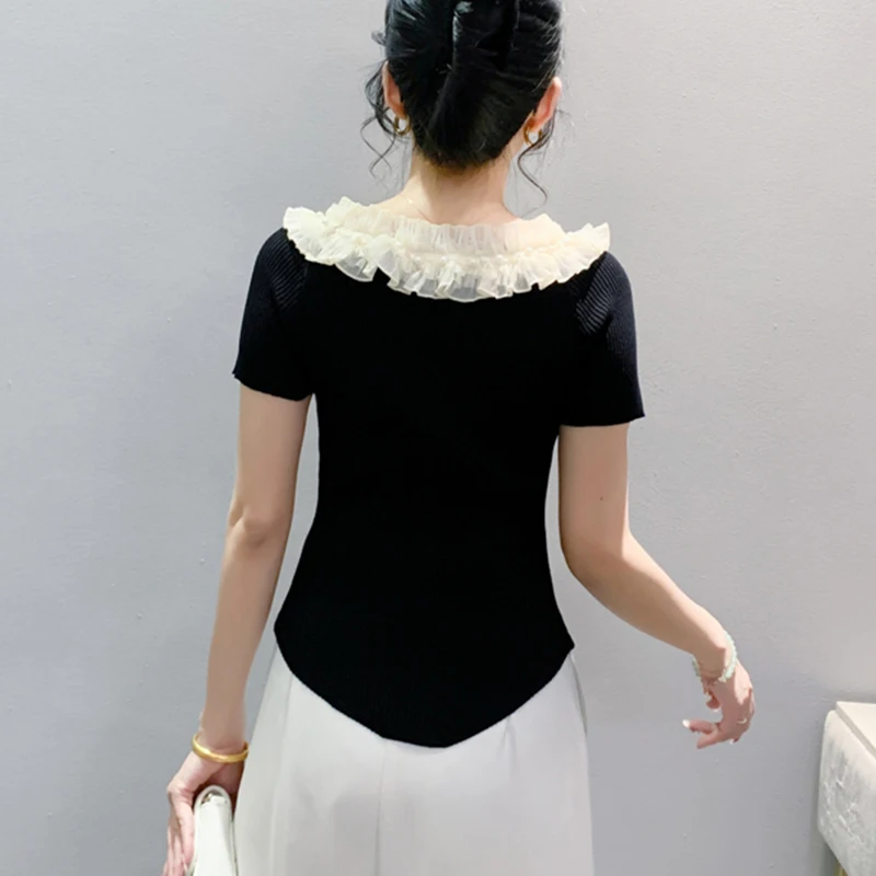 Black Summer Korean Style Lace Knited T-Shirt Fashion Sexy Patchwork Shiny Beading Women Tops Short Sleeve Tees 2024 New 471202