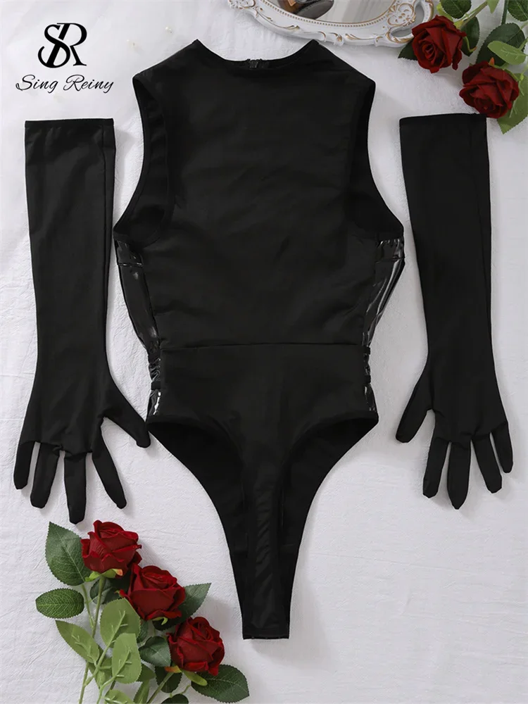 SINGREINY ผู้หญิงหนัง Sensual Bodysuits แฟชั่นซิป Hollow Out Shapewear Catsuits แขนกุดเซ็กซี่ Playsuits