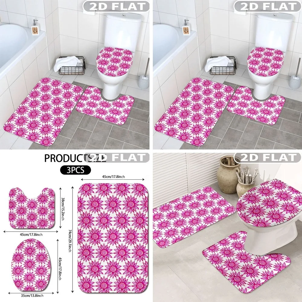 

3Pcs Pink Flower Bathroom Rug Set, 2D Flat Print Non-Slip Washable Bath Mat Set for Bathroom Kitchen Bedroom, Includes Contour
