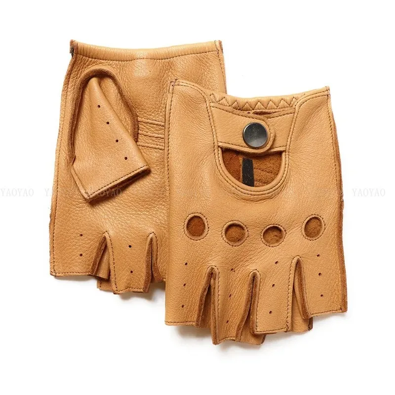 Gloves High Quality Super Soft Genuine Leather Deerskin Semi-Finger Mitt Short Thin Driving Locomotive Sports Men Women