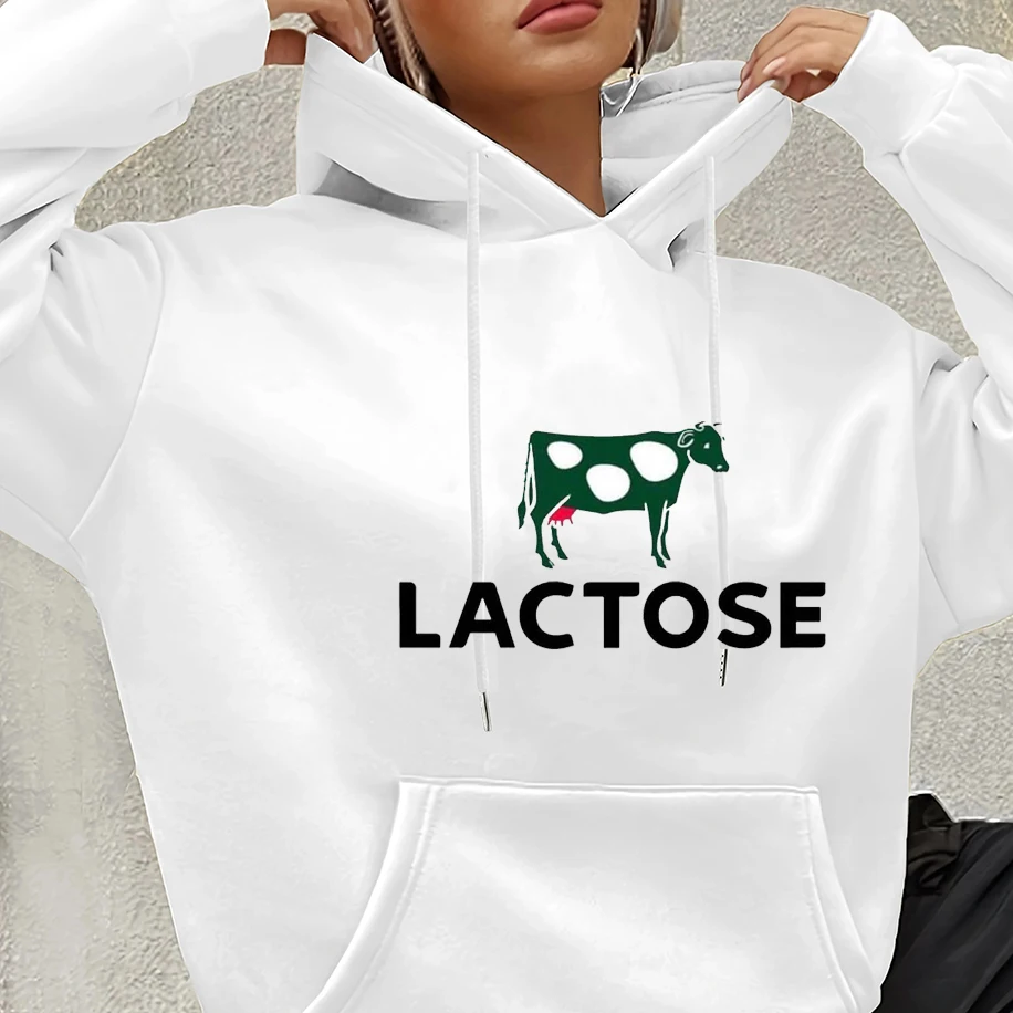 

New Green Cow Patterned Men Women Hoodie Letter LACTOSE Print Unisex Sweatshirt Classic Funny Harajuku Couple Casual Hip-hop Top