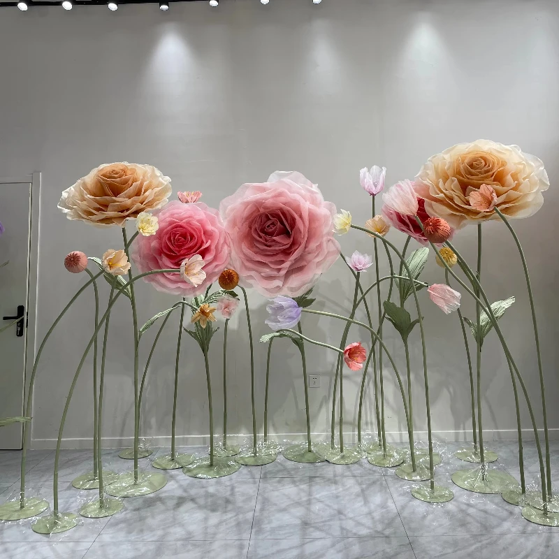 

DSC1 Giant Standing Silk Organza Flowers Big High Quality Rose Peony Poppy Flower Backdrop for Wedding Event Party Decoration