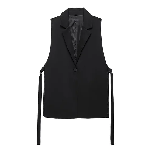 Imagen 2 del producto Willshela, moda para mujer, chaleco liso con cordones, cuello en V, chaquetas sin mangas con un solo botón, traje elegante para mujer, camisetas sin mangas