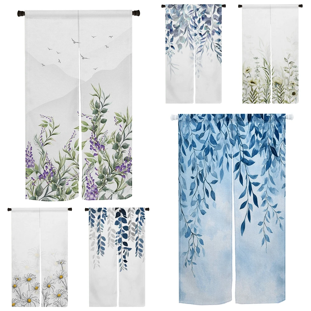 Japanese Floral Door Curtain Lavender Daisy Leaves Print Fresh Spring Style Room Partition for Living Room Bedroom Home Decor