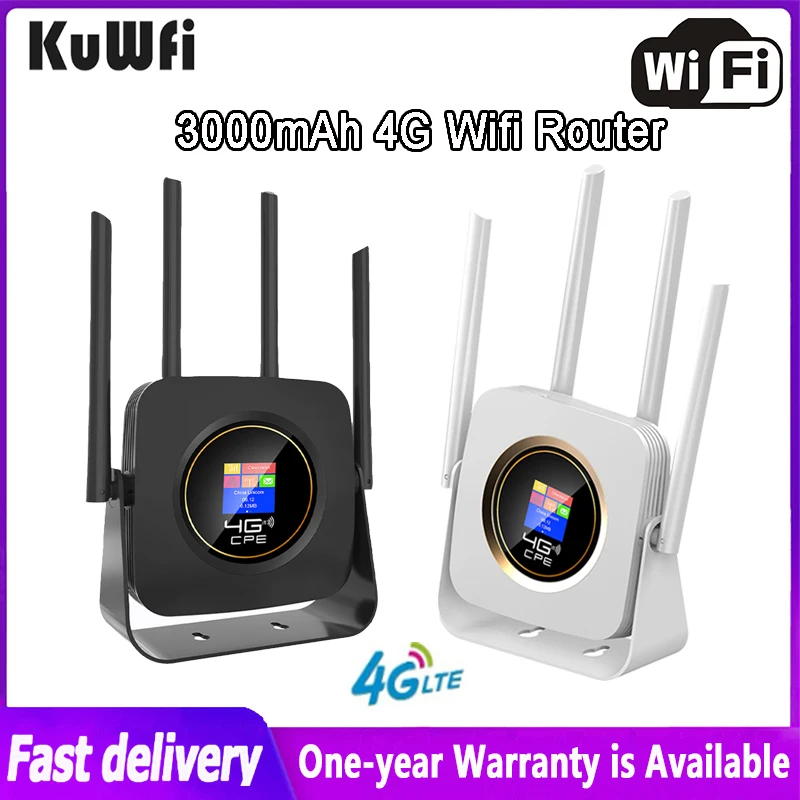 KuWFi 4G LTE 라우터, 300Mbps 무선 WiFi 모뎀, SIM 카드 슬롯, LAN 4 외부 안테나 내장, 3000mAh 배터리, 고속