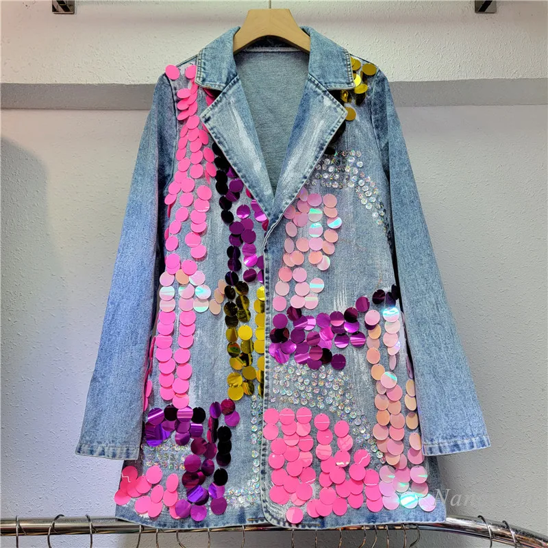 Colorful Sequined Denim Jacket for Women 2024 Spring New Hand-Painted Embroidery Sequins Denim Suit Jacket Tailored Collar Coat