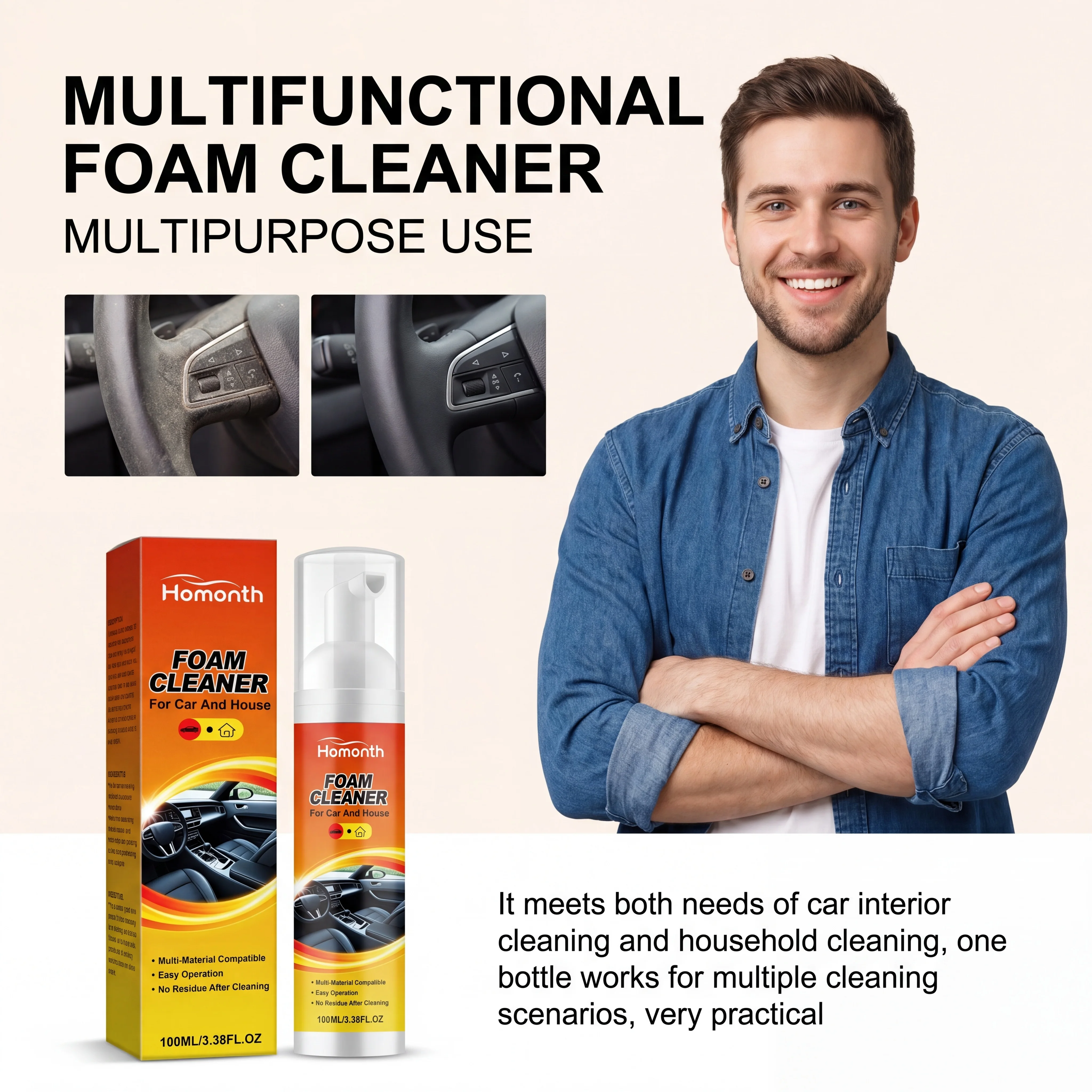 

Multi Purpose Foam Cleaner Car Interior Cleaner Deep Cleaning Spray Seat Stain Remover No Rinse Dashboard Cleaner 100ml ECO