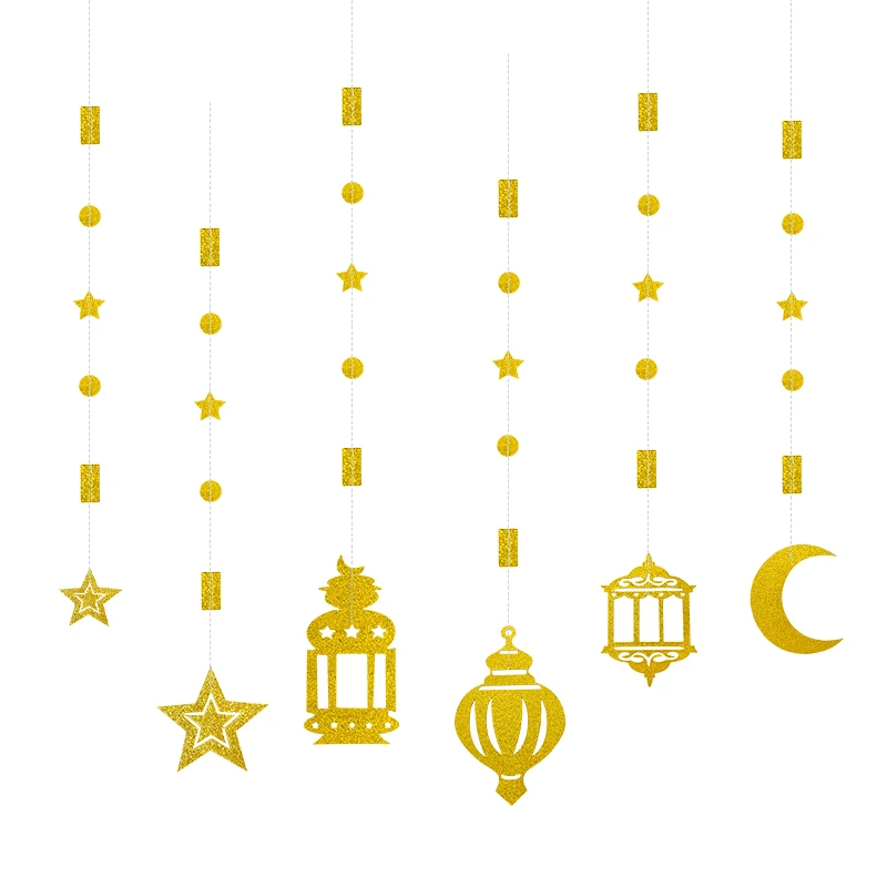 

6Pcs/set Eid Mubarak Banner Moon Star Bunting Ceiling Hanging Ornament Backdrop Ramadan Kareem Islam Muslim Party Decorations