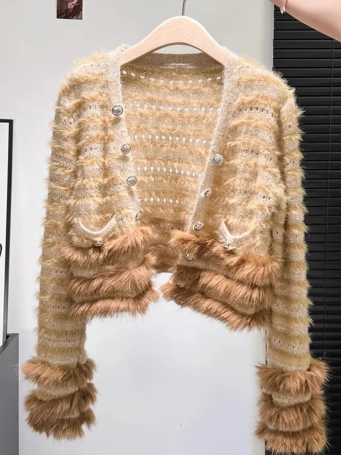 

Вязаный кардиган с меховыми манжетами для женщин, осенне-зимняя новинка, элегантный топ премиум-класса, яркий дизайн
