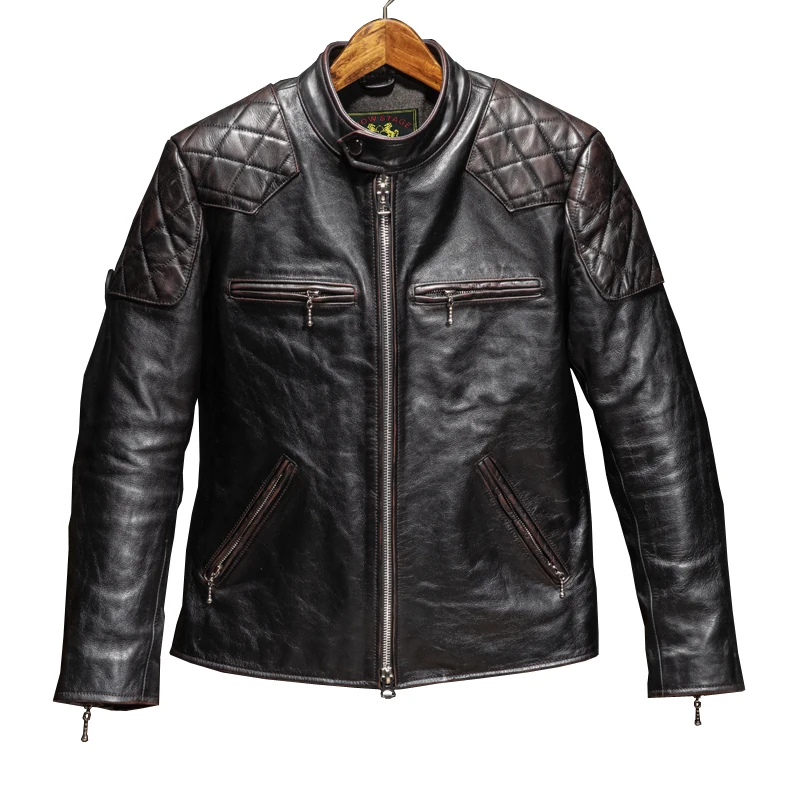 Men's Genuine Cowhide Leather Cafe Racer Jacket Diamond Quilted Shoulders Dark Brown Motorcycle Coat 4 Zip Pockets Snap Collar