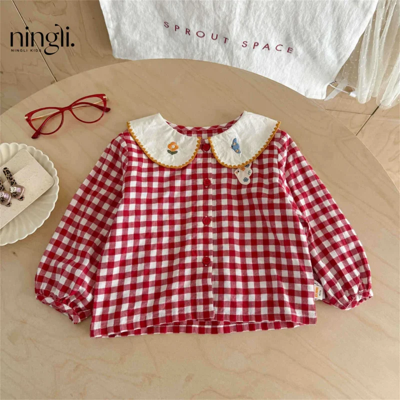 

Girls Plaid Shirt Spring and Autumn New Little Girl Baby Doll Shirt Early Autumn Fashionable Long Sleeve Shirt