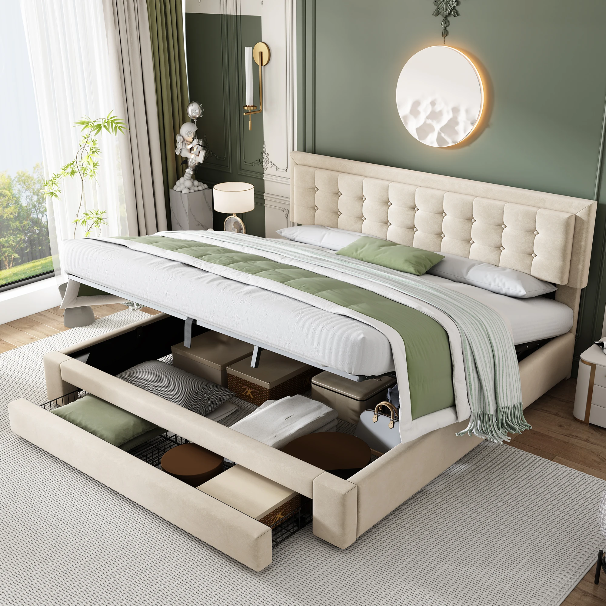 Lit coffre 160x200 cm - Lit coffre hydraulique avec 2 tiroirs et sommier à lattes - Velours - Sans matelas - Beige