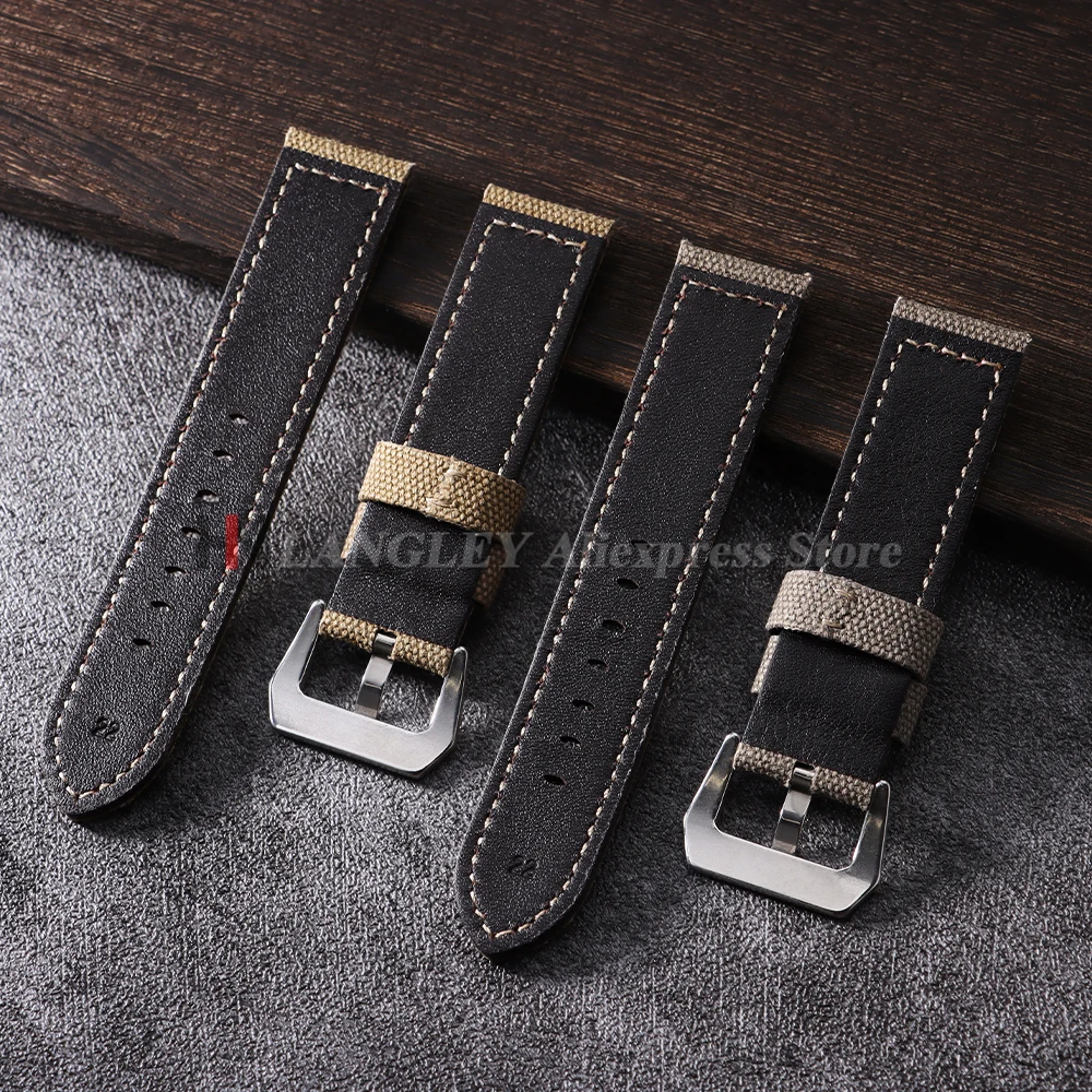 Pulseiras de couro de lona feitas à mão 20mm 22mm 24mm para panerai para omega para seiko vintage marrom masculino esporte relógio pulseira acessórios