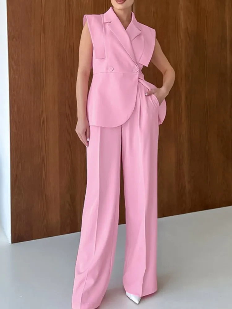 

Нежный стиль, костюм без рукавов, воротник, свободный жилет, широкие брюки с высокой талией и карманами, комплект из двух предметов, женский весенний модный повседневный костюм