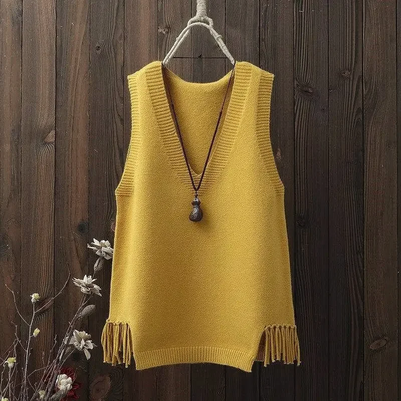 

Pop Tassel Vintage Women Versatile Sweater Vest Spring Autumn New V-neck Fashion Korean Casual Solid Pullover Knitted Sleeveless
