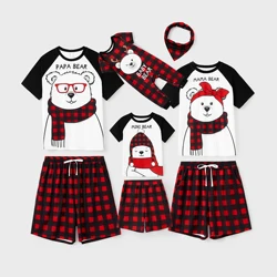 PatPat Christmas Pajamas Sets Family Matching Xmas Bear Raglan Short Sleeves Top Plaid Shorts