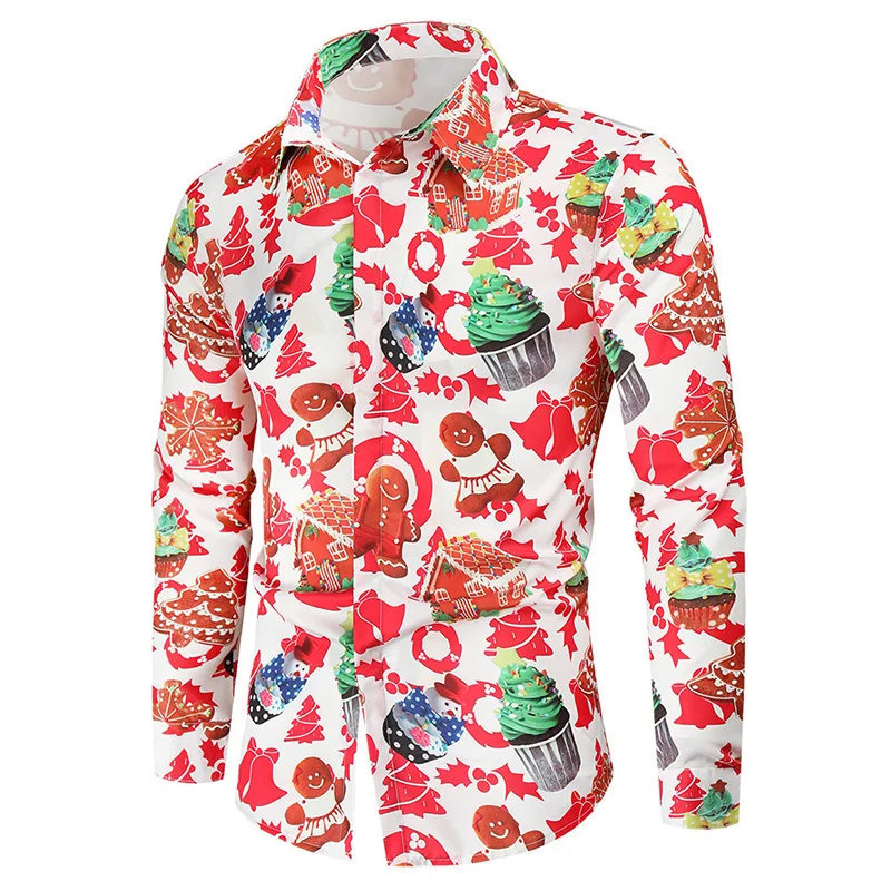 New Men's Shirt 3D Christmas Gingerbread Print Clothes Fashion Button Lapel Street Trend Men's Hawaiian Long Sleeve Shirt