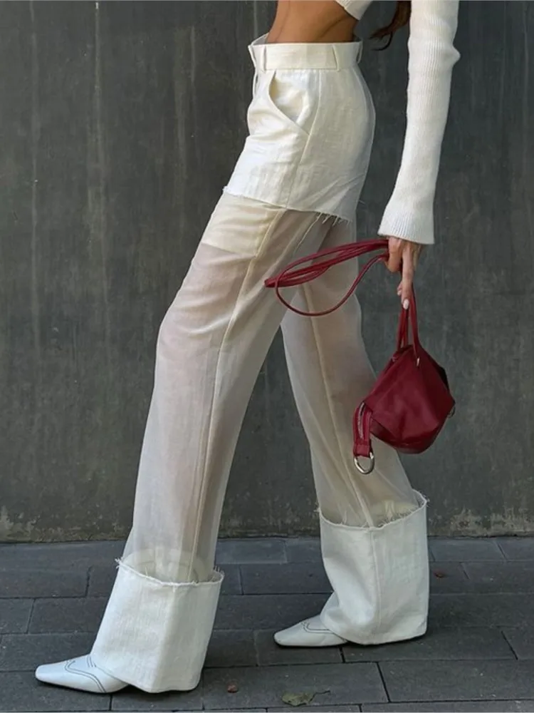 Gauze Patchwork Pants For Women Spring Summer 2025 New White Casual Perspective Wide Leg Pants Fashion High Waist Long Trousers