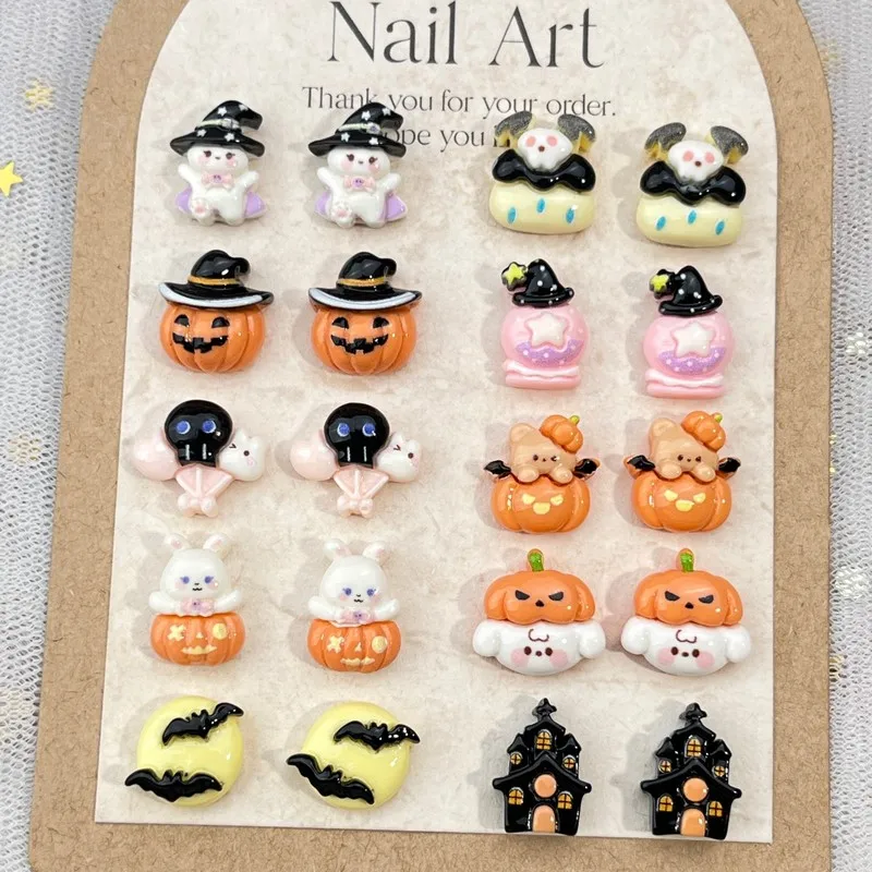 20Pcs Halloween Cartoon Nail Charms Dark Style 3D Pumpkin Ghost Skull Resin Accessories For DIY Nail Art Decoration