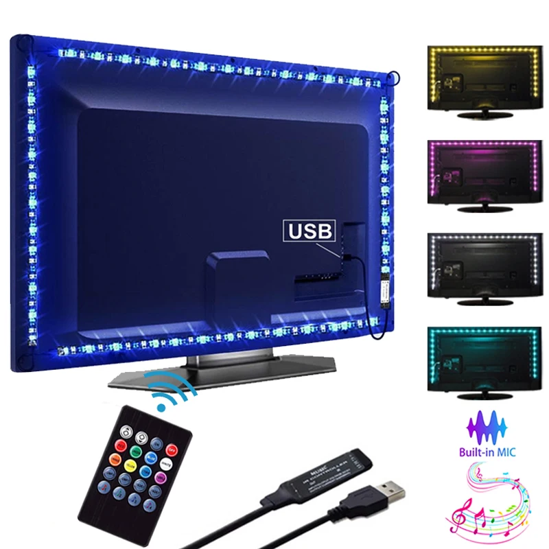

LED Strip Lights RGB USB Flexible Ribbon Sound Sensor 5V 5050 Smart Remote Control Rgb Led Lights For TV Wall Room Decoration