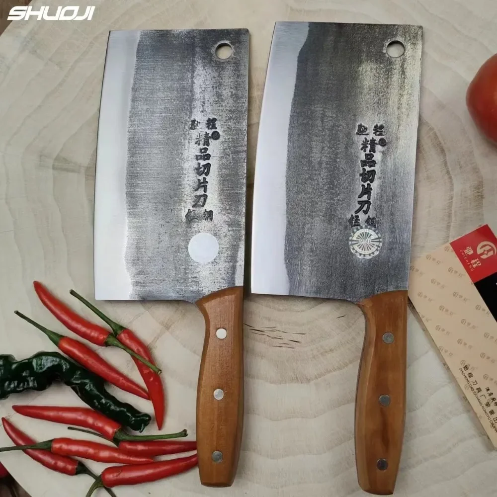 Old-fashioned Chinese Kitchen Cleaver Knife Traditional Handmade Forged Knife High Carbon Steel Slicing Knife Rose Wood Handle