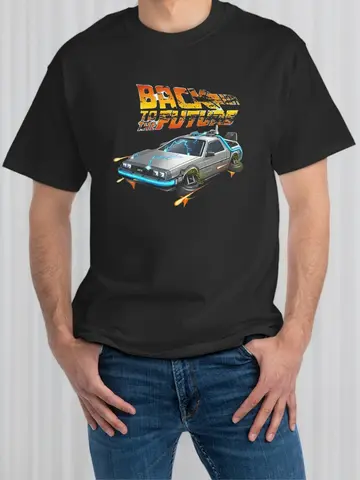 T-shirt grafica da uomo BACK to THE FUTURE T-shirt casual in cotone nero con design vibrante per auto, manica corta, girocollo