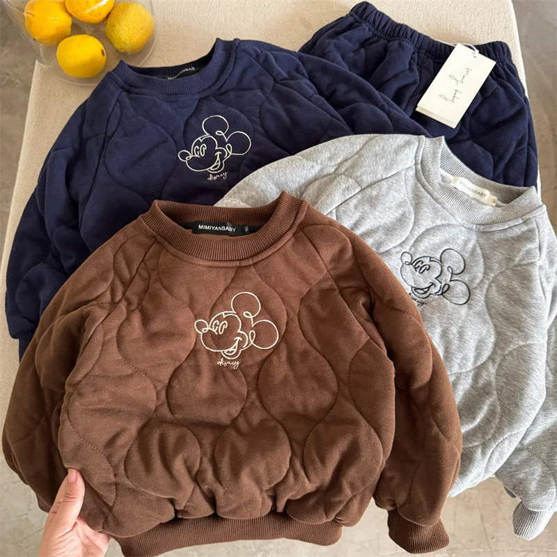 

Осенне-зимний хлопковый детский комплект из 2 предметов, корейский пуловер с длинными рукавами и теплые штаны, костюм для мальчиков