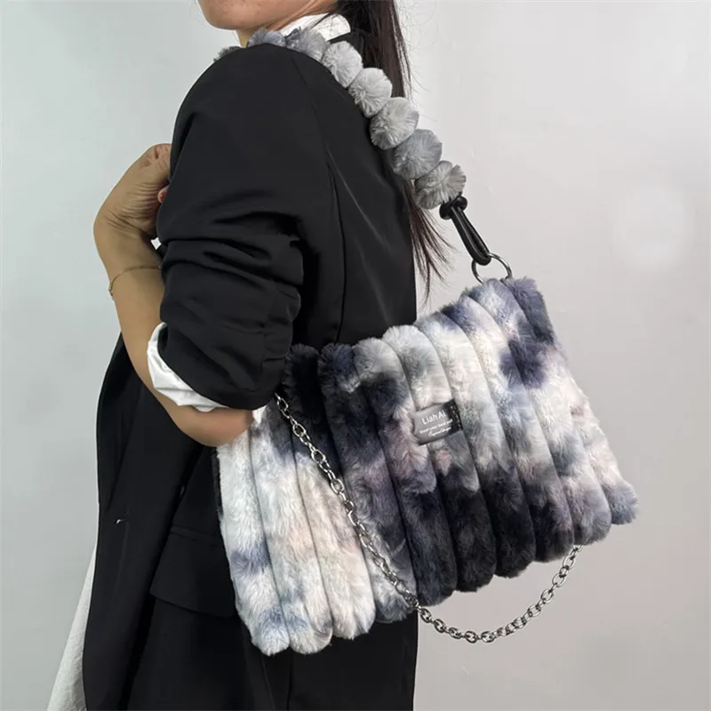 Women's Large Plush Tote Bag with Crossbody/Handheld Carry Soft Striped Plush Exterior Cozy Handbag for Travel, Everyday Use