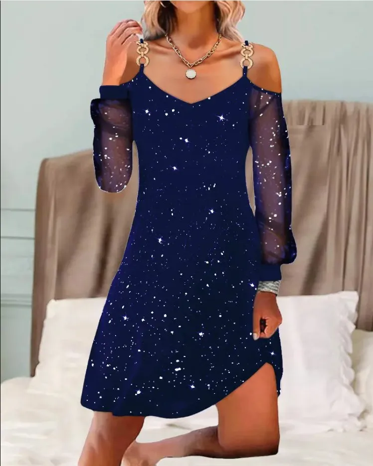 Robe élégante en maille Patchwork pour femmes, manches longues, mode bouton en métal, paillettes, Mini fête, Sexy, moulante, 2023