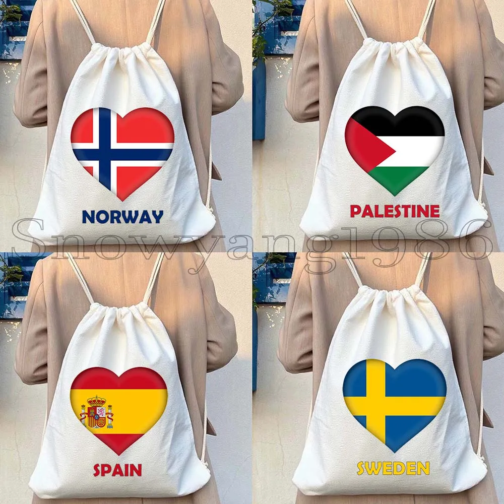 Maldives Norway Palestine Iceland South Korea Spain Sweden Ukraine Iran Yemen Heart Flag Canvas Drawstring Bag Backpack Sackpack