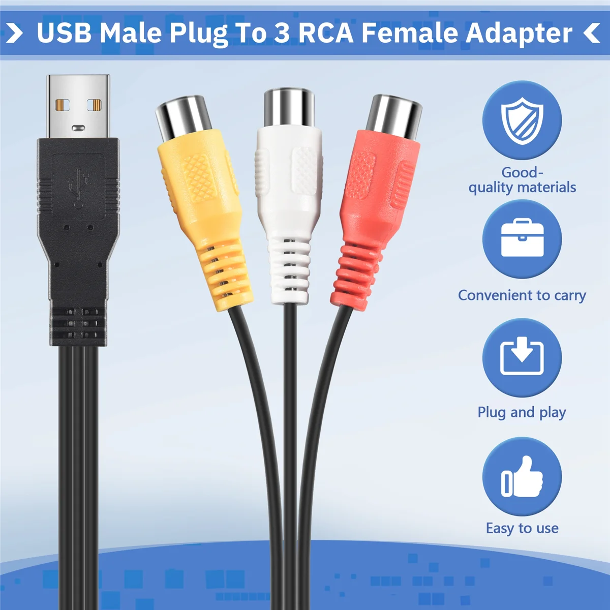 1Pc Usb Male Plug To 3 Rca Female Adapter Audio Converter Video Av A/V Cable Usb To Rca Cable For Hdtv Tv Television Wire Cord