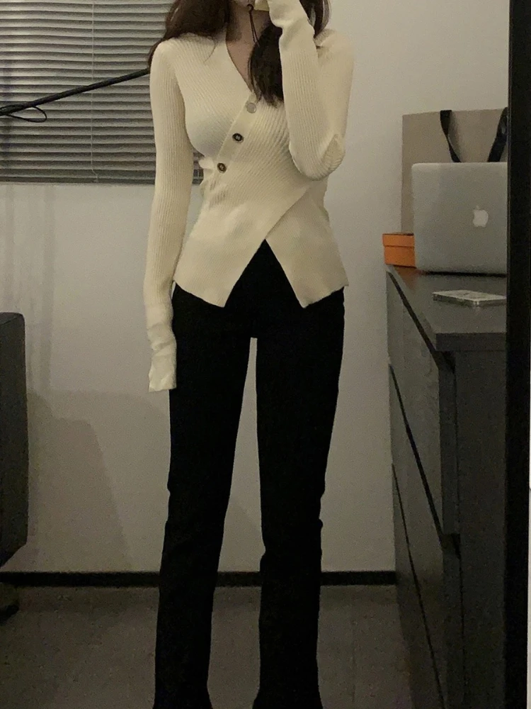 Women's Sweater Pullovers Spring and Autumn Solid Color Long Sleeve Slim-fit Split Hem Pullover Knitwear Base Layer Top