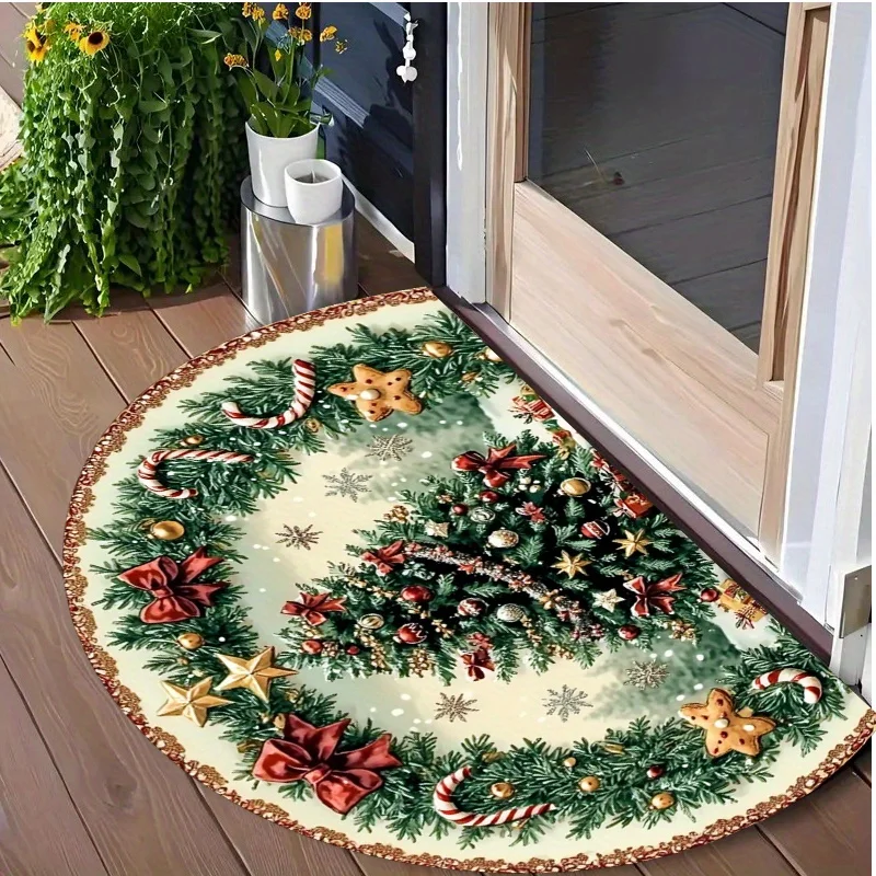 VIKAMA Half Round Xmas Floor Mat Wreath Pine Bow Candy Cane Element Non Slip Rug For Porch Living Room Indoor Holiday Home Decor