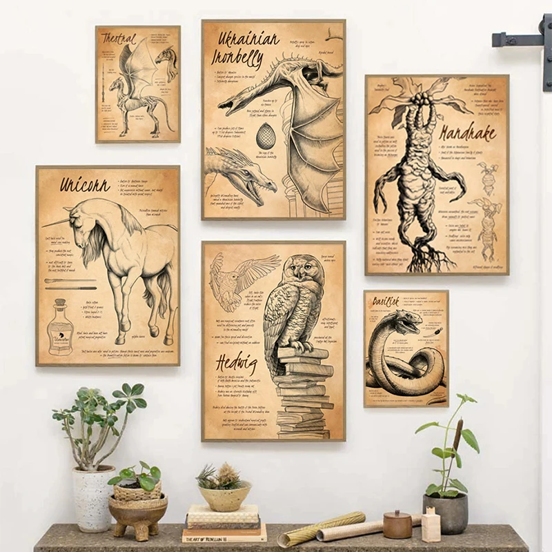 Affiches d'art d'herboristerie sur créatures enchanteuses, posters fantastiques, bestiole fantastique, hippogriffe, niffler, peinture sur toile hippogriffe, décoration