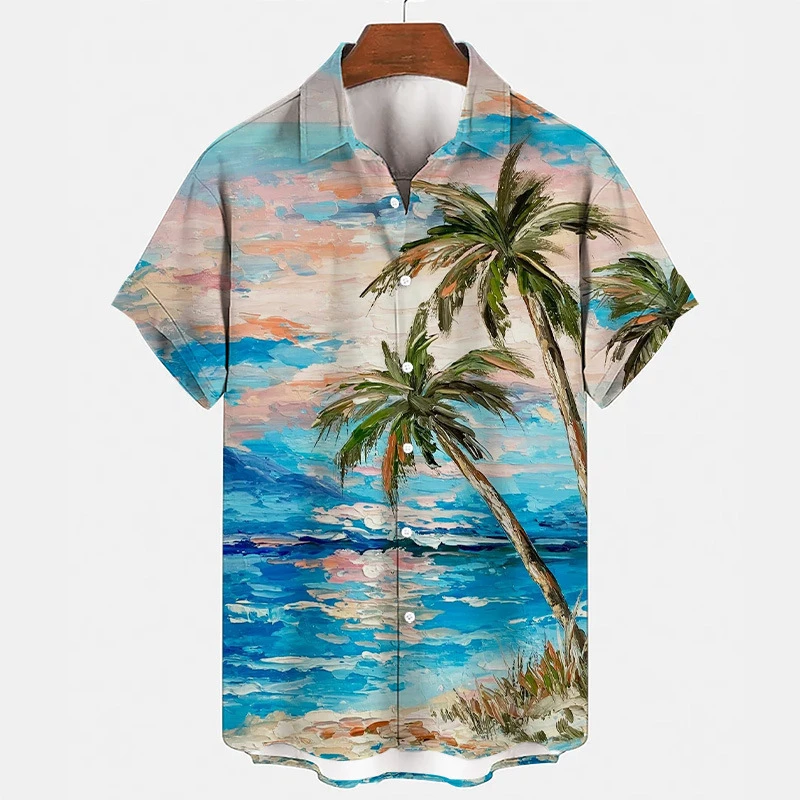 Men\'s Hawaiian Shirts 3D Print Coconut Palm Graphics T Shirts Fashion Button Short Sleeve Lapel Streetwear Hawaiian Shirts Tops